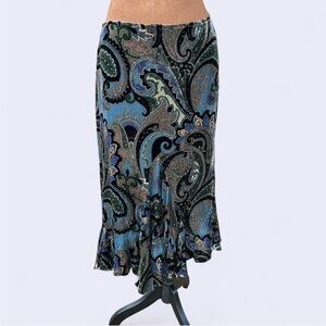 Dana Buchman black & blue paisley velour asymmetrical midi skirt